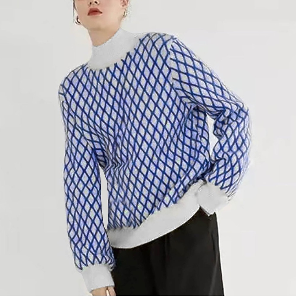 NEW Women’s Chenille Royal Blue & White Diamond Trellis Mock Neck SZ L Sweater